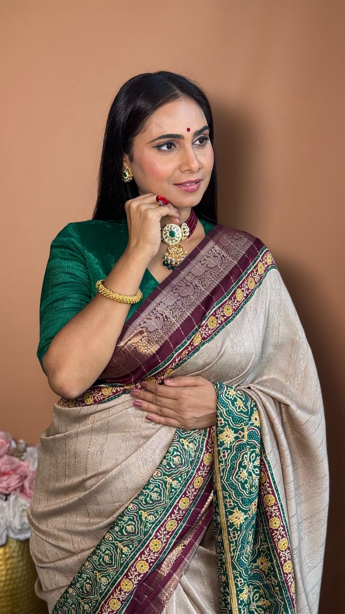 Luxurious Chiku And wine Ajrakh Kashmiri Modal silk Saree
