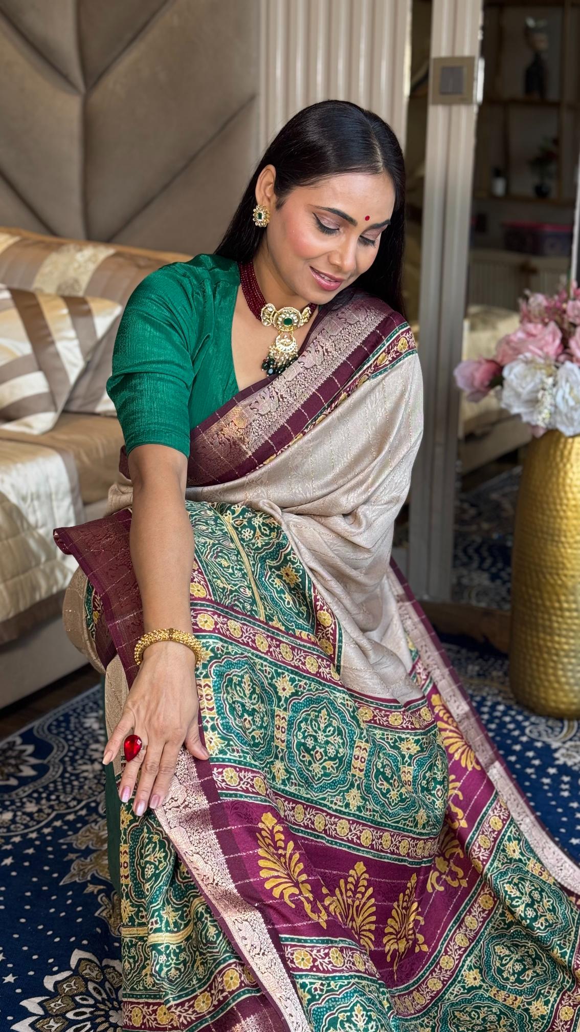 Luxurious Chiku And wine Ajrakh Kashmiri Modal silk Saree