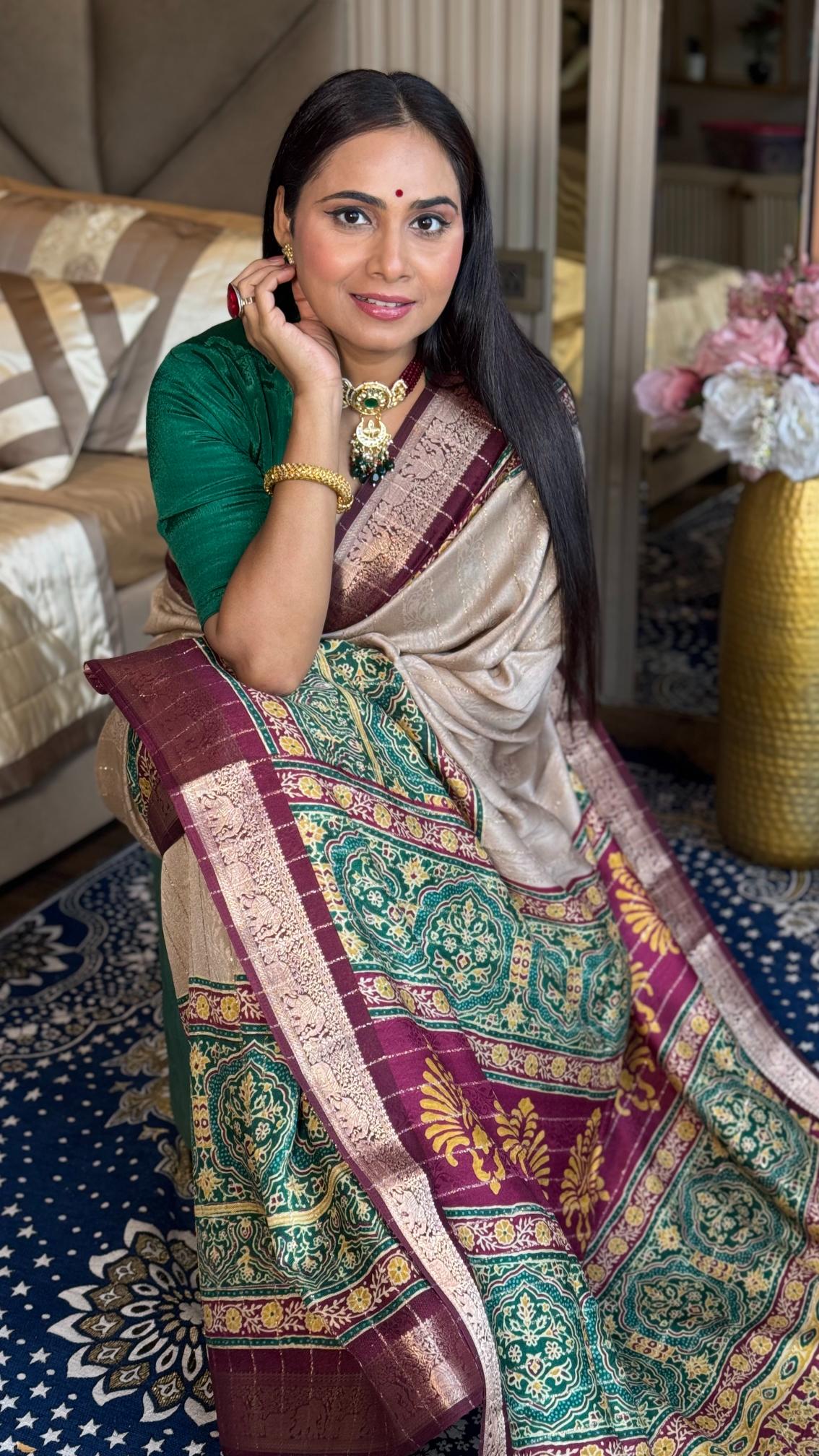 Luxurious Chiku And wine Ajrakh Kashmiri Modal silk Saree