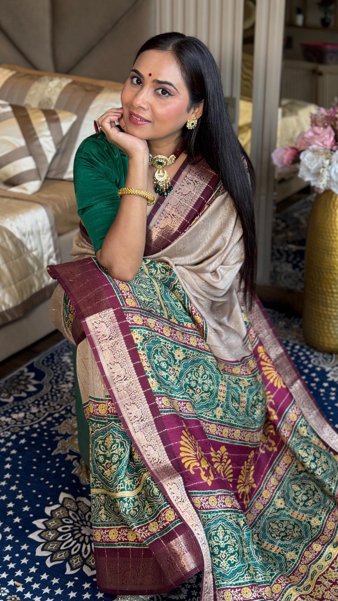 Luxurious Chiku And wine Ajrakh Kashmiri Modal silk Saree