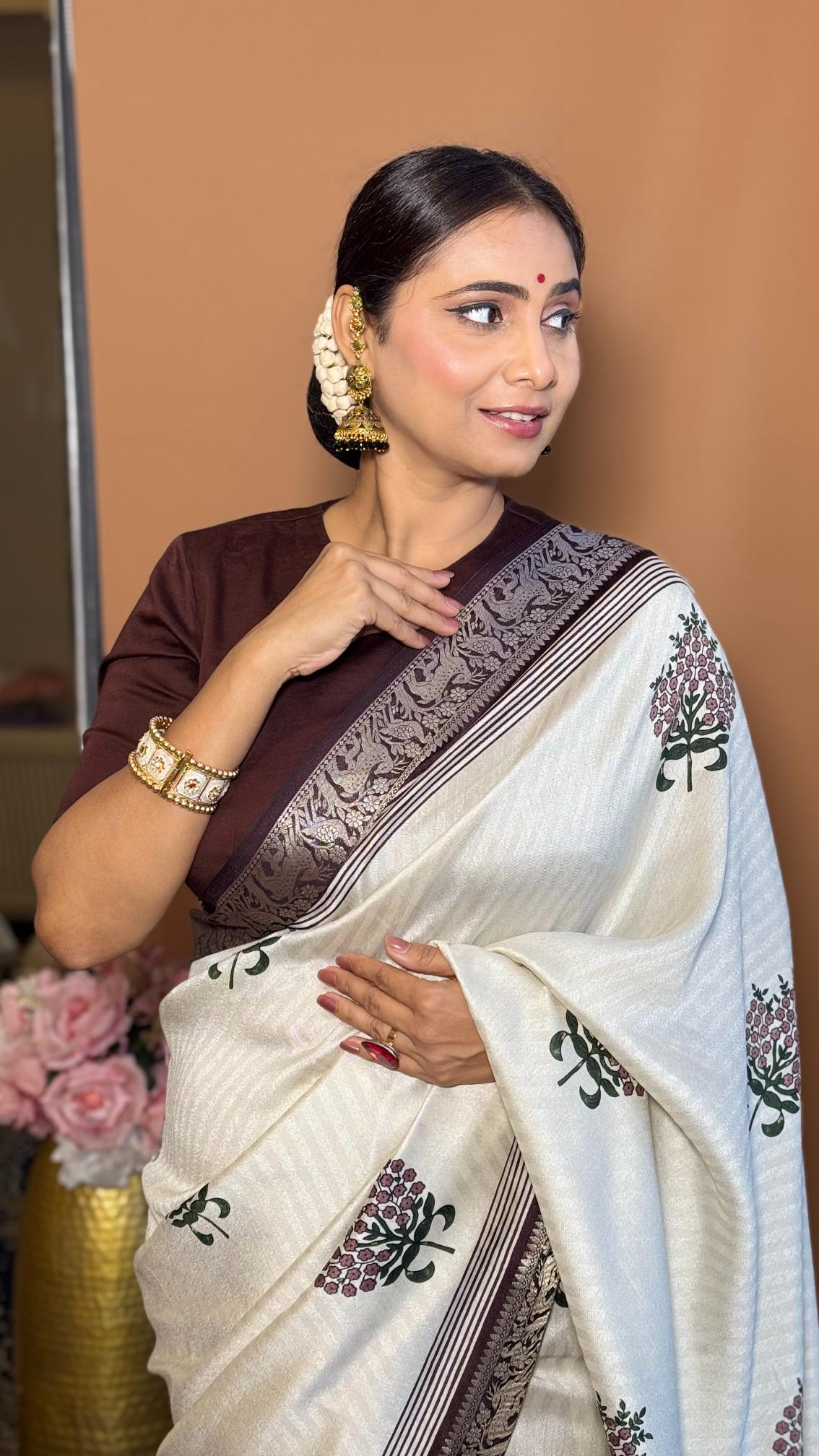 Adorable Wine And Cream Ajrakh Kashmiri Modal silk Buta Leriya Saree