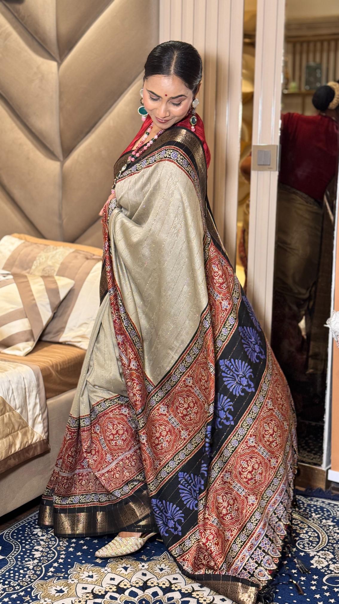 Stunning Cream And Black Ajrakh Kashmiri Modal silk Saree