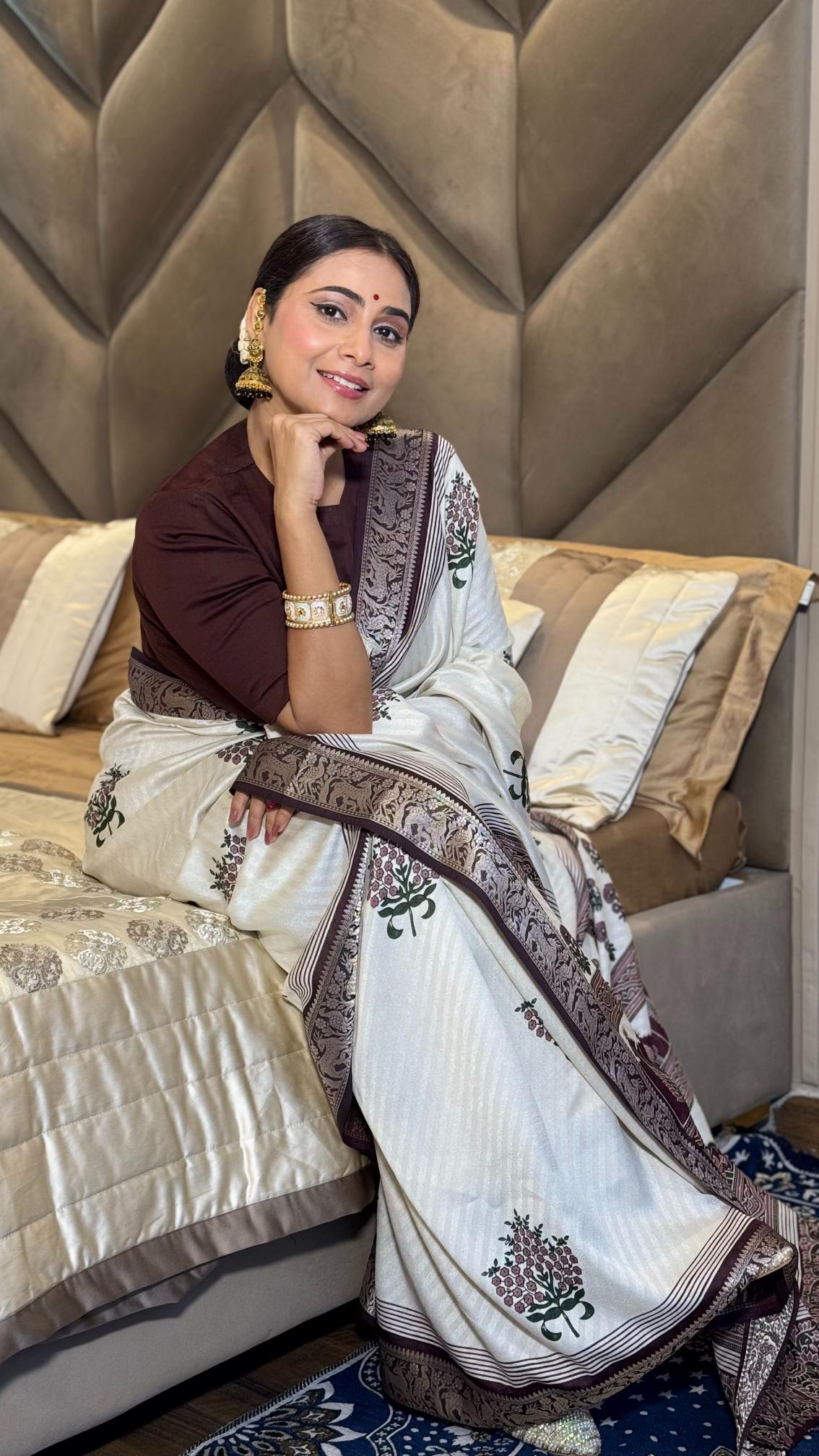 Adorable Wine And Cream Ajrakh Kashmiri Modal silk Buta Leriya Saree