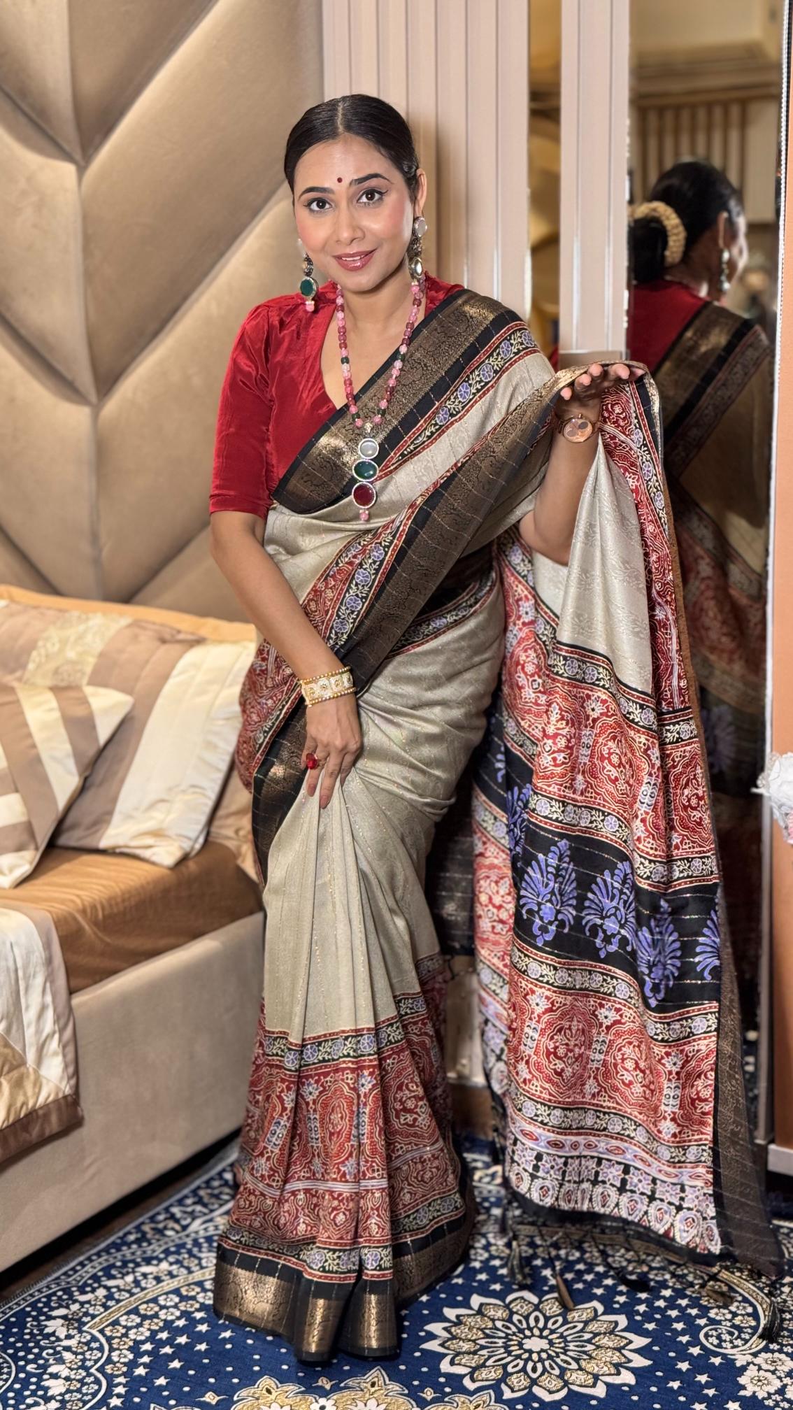 Stunning Cream And Black Ajrakh Kashmiri Modal silk Saree