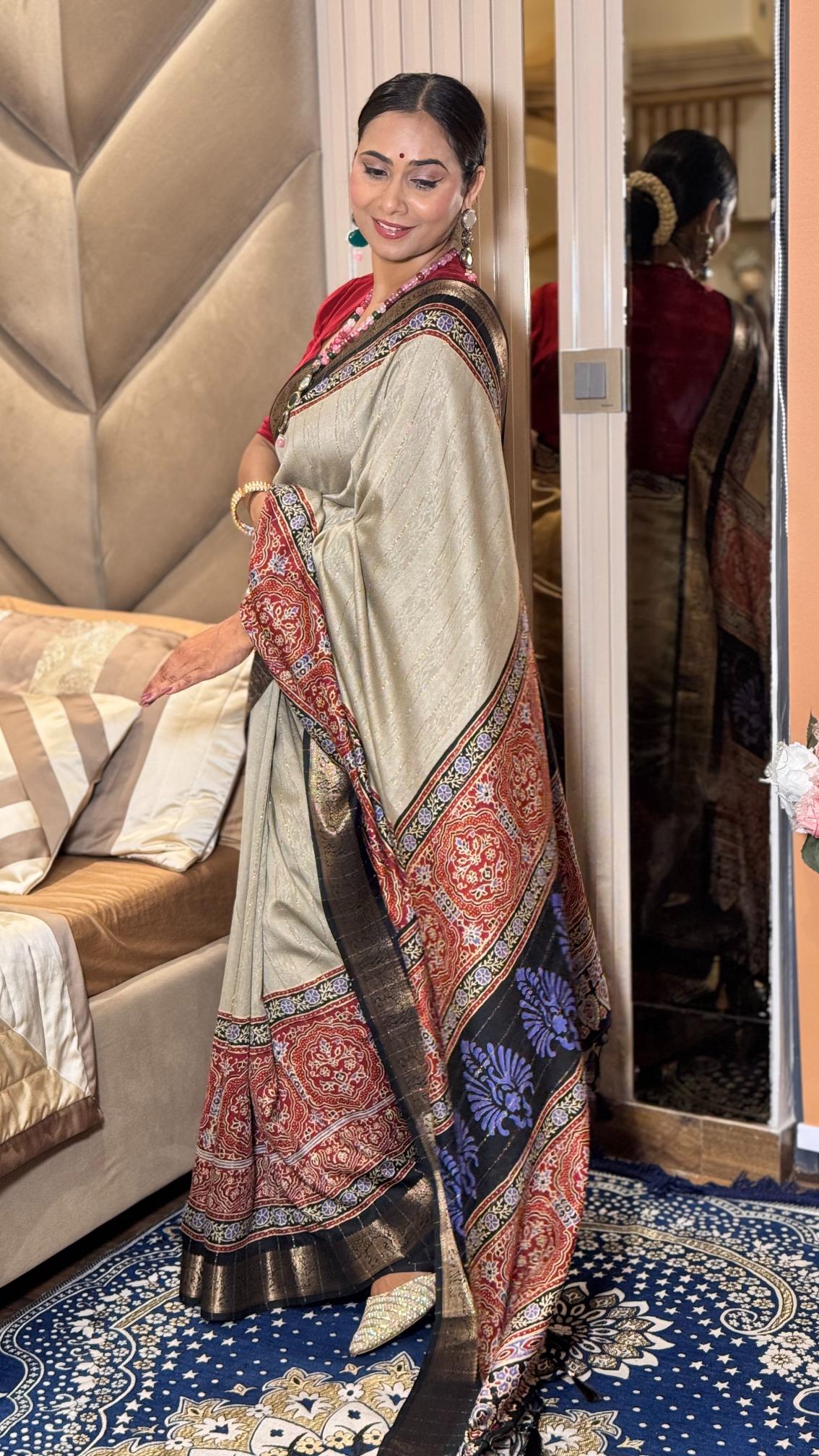 Stunning Cream And Black Ajrakh Kashmiri Modal silk Saree