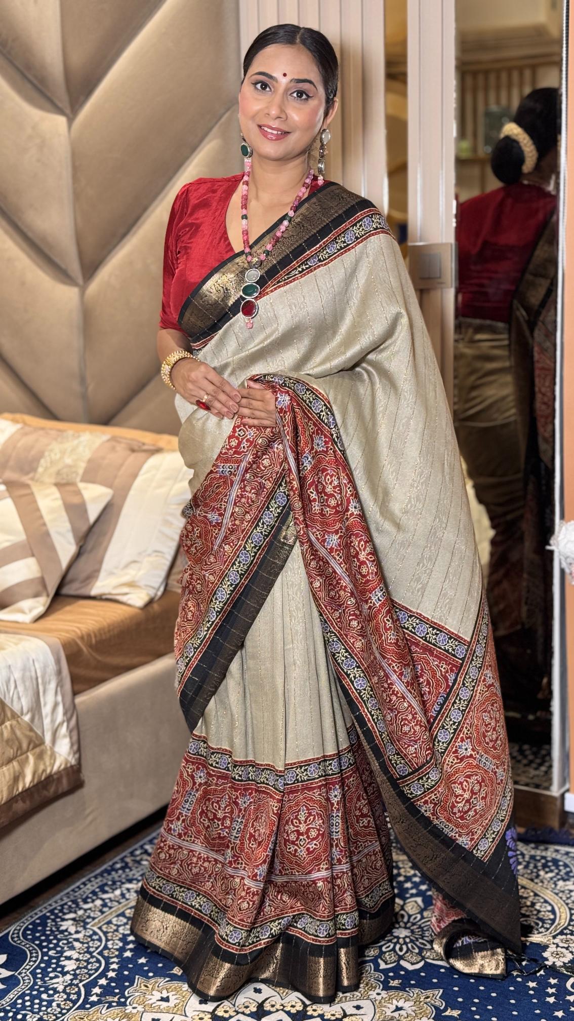 Stunning Cream And Black Ajrakh Kashmiri Modal silk Saree