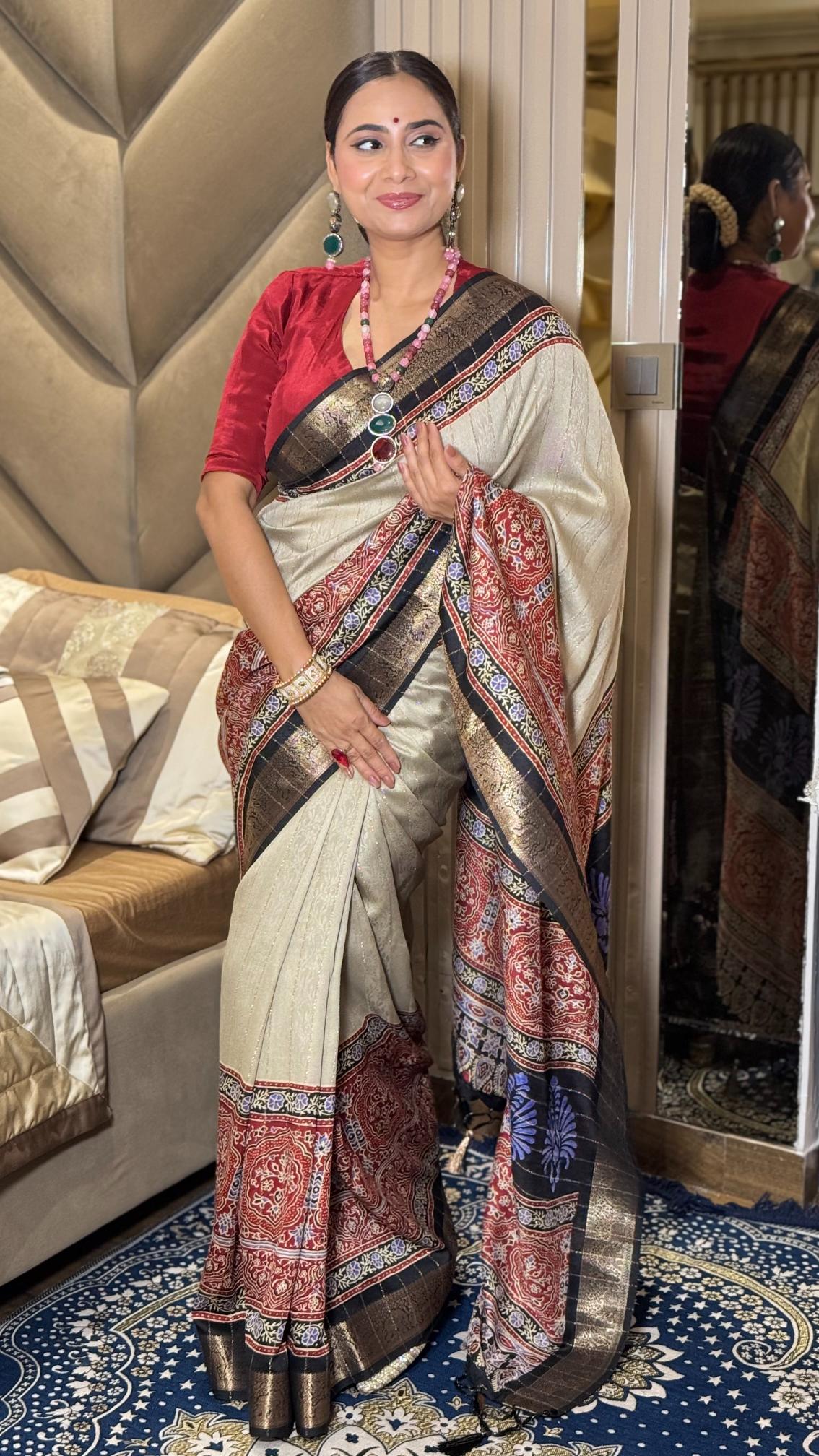 Stunning Cream And Black Ajrakh Kashmiri Modal silk Saree
