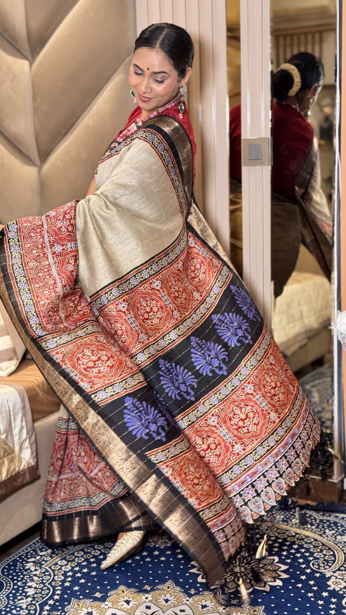 Stunning Cream And Black Ajrakh Kashmiri Modal silk Saree