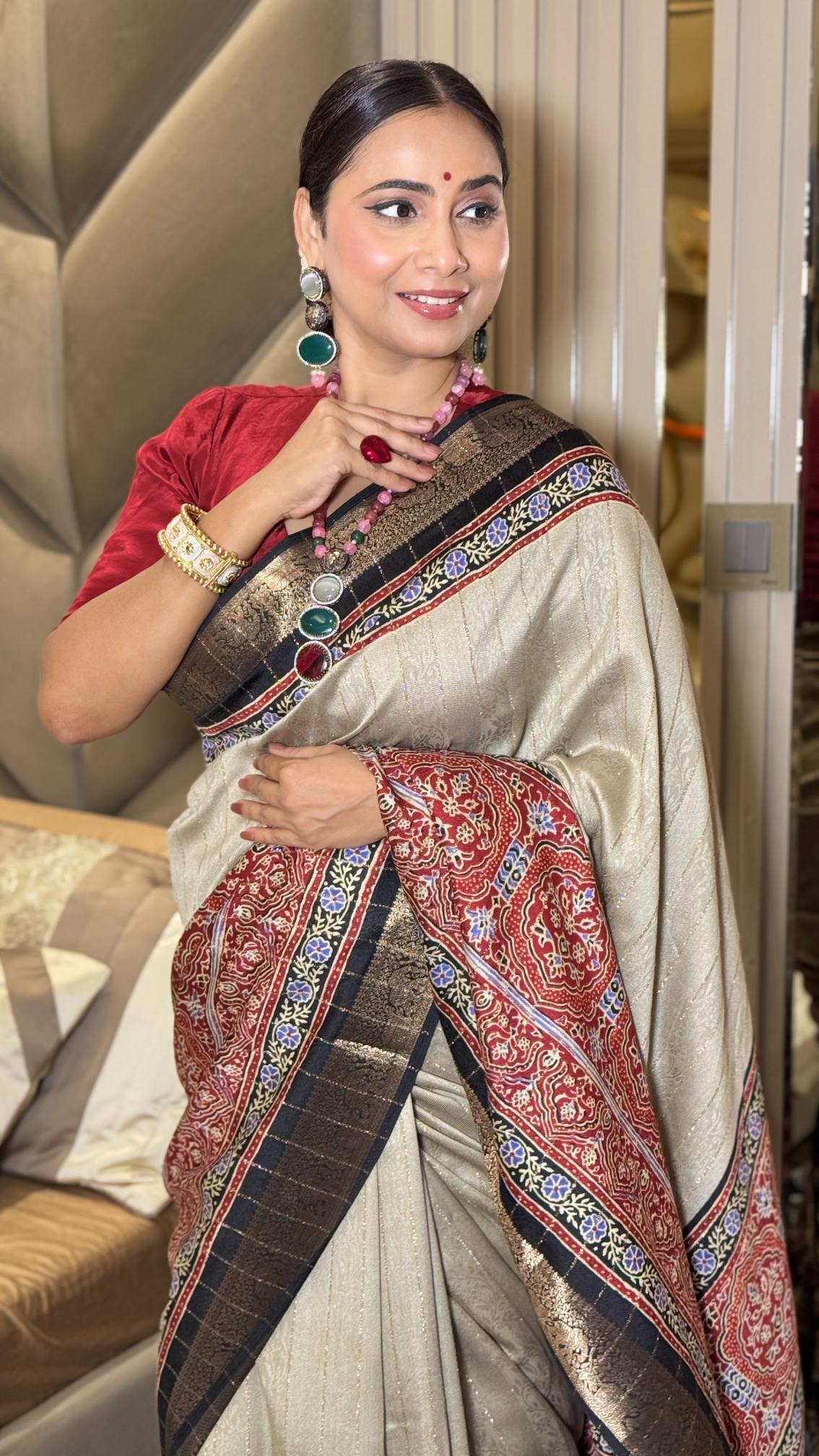 Stunning Cream And Black Ajrakh Kashmiri Modal silk Saree