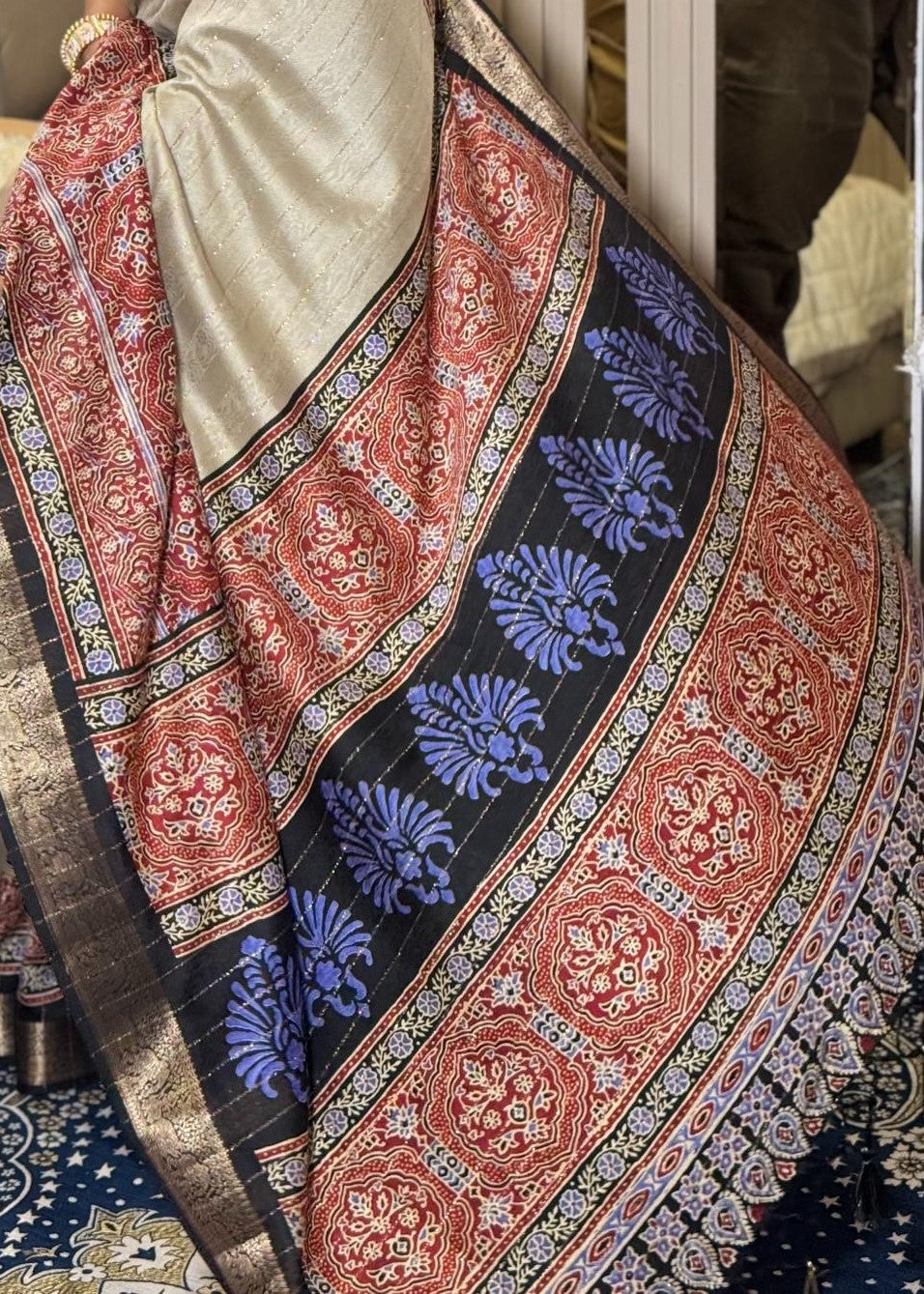 Stunning Cream And Black Ajrakh Kashmiri Modal silk Saree