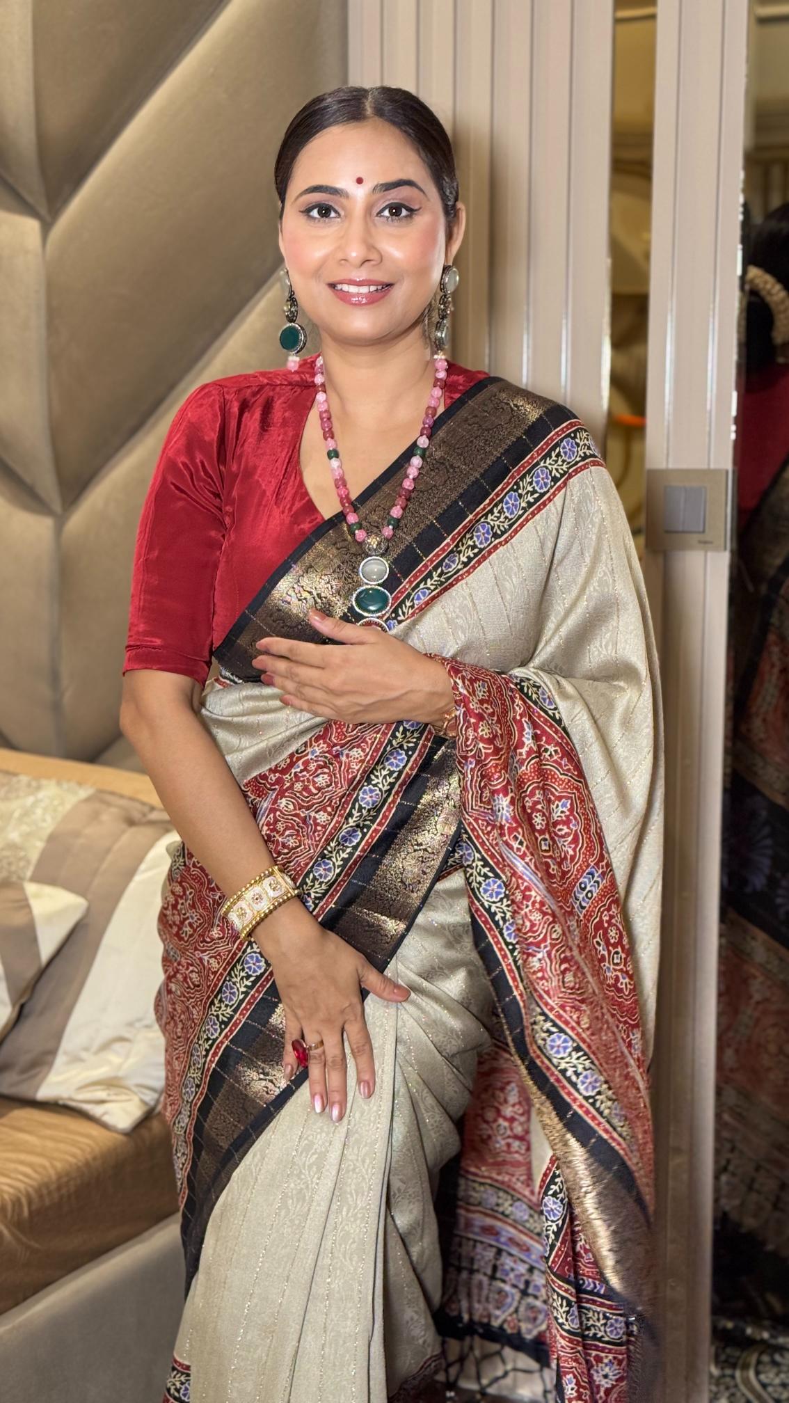 Stunning Cream And Black Ajrakh Kashmiri Modal silk Saree