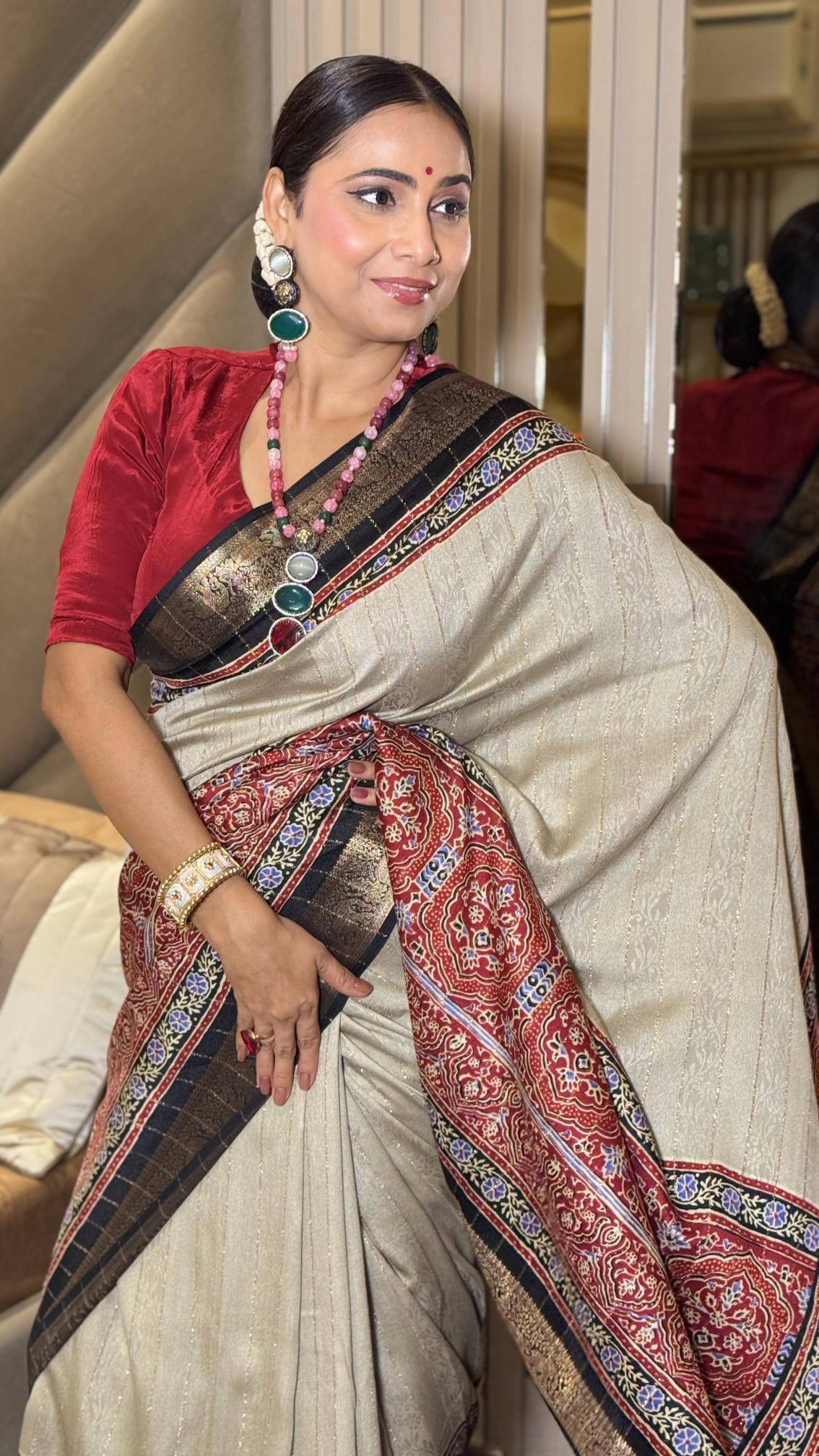 Stunning Cream And Black Ajrakh Kashmiri Modal silk Saree