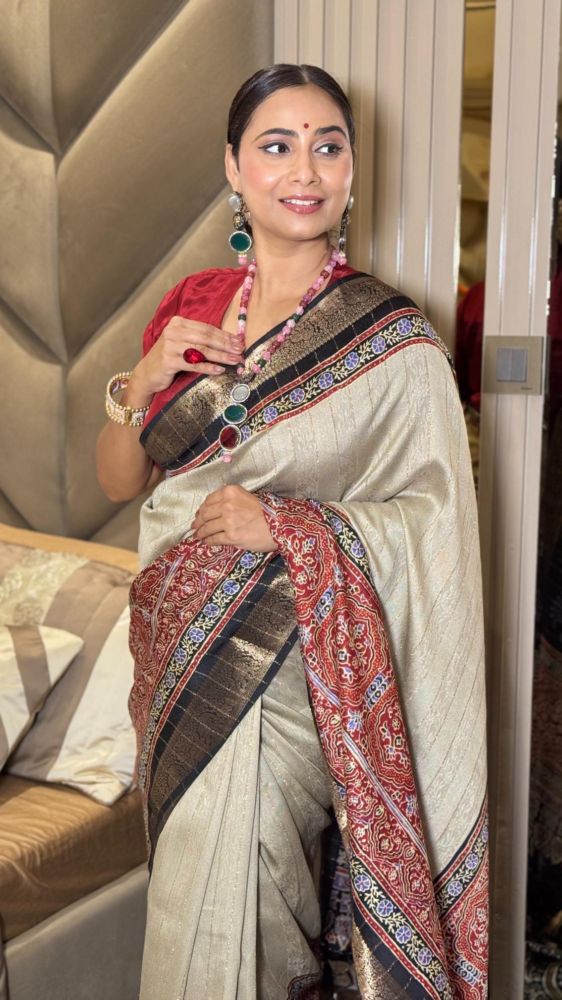 Stunning Cream And Black Ajrakh Kashmiri Modal silk Saree
