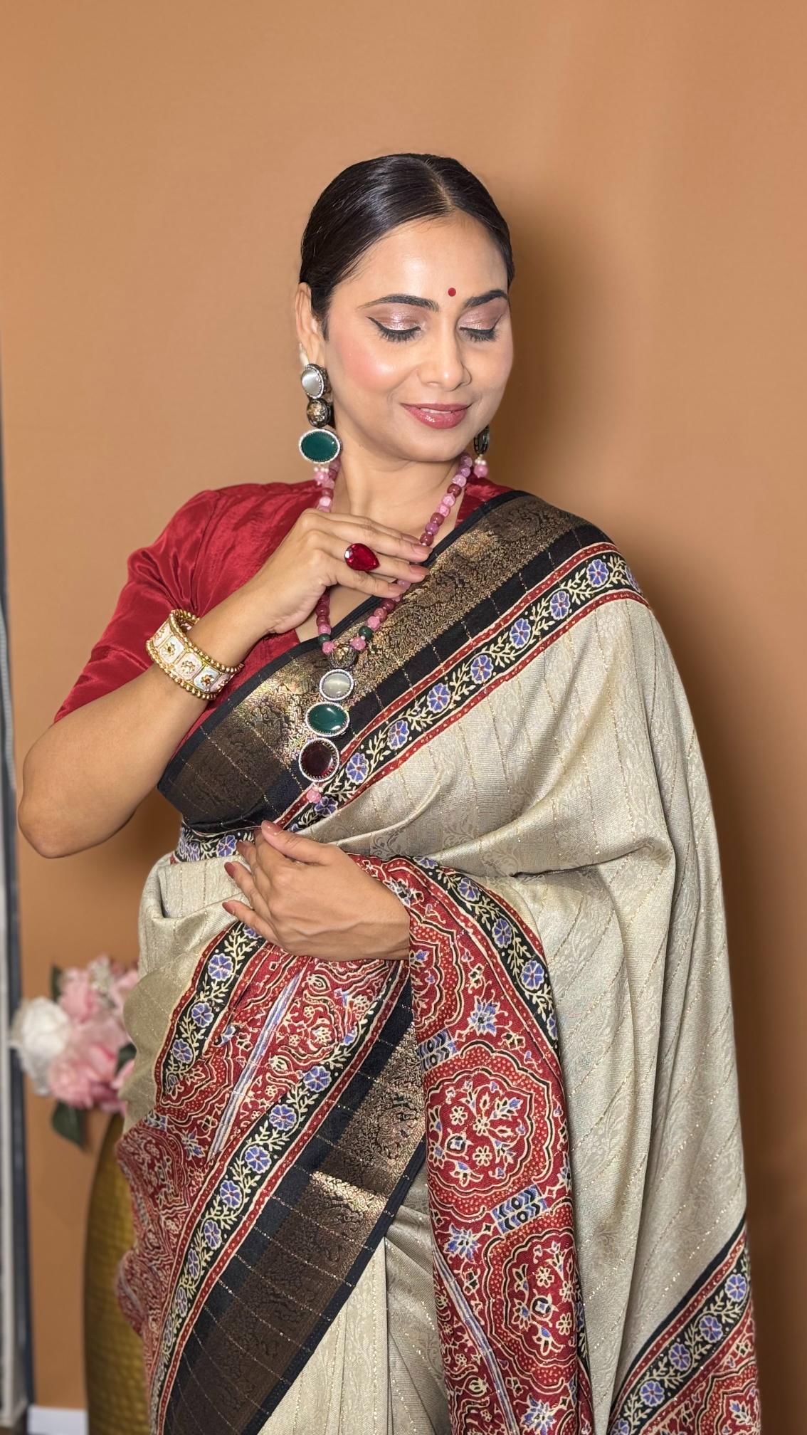 Stunning Cream And Black Ajrakh Kashmiri Modal silk Saree