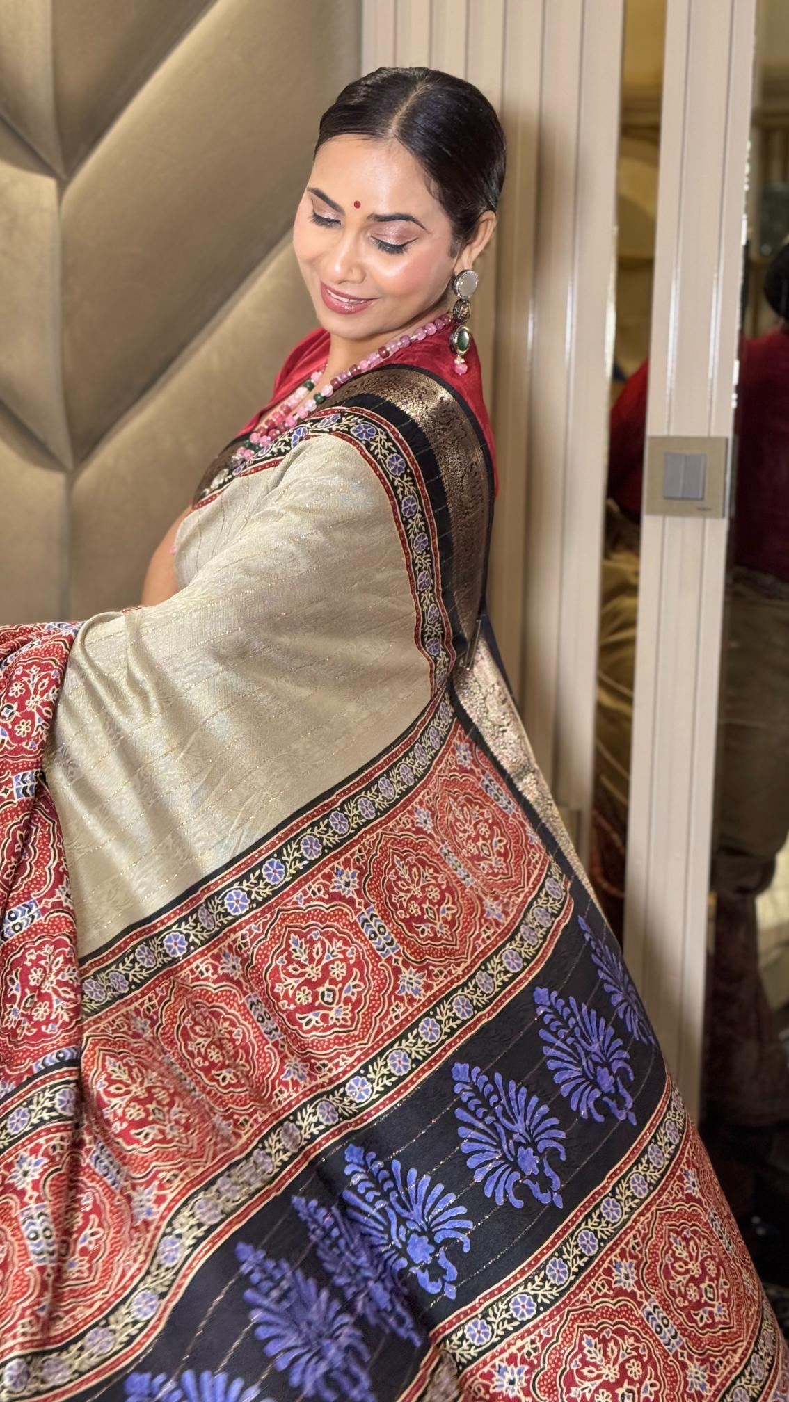 Stunning Cream And Black Ajrakh Kashmiri Modal silk Saree