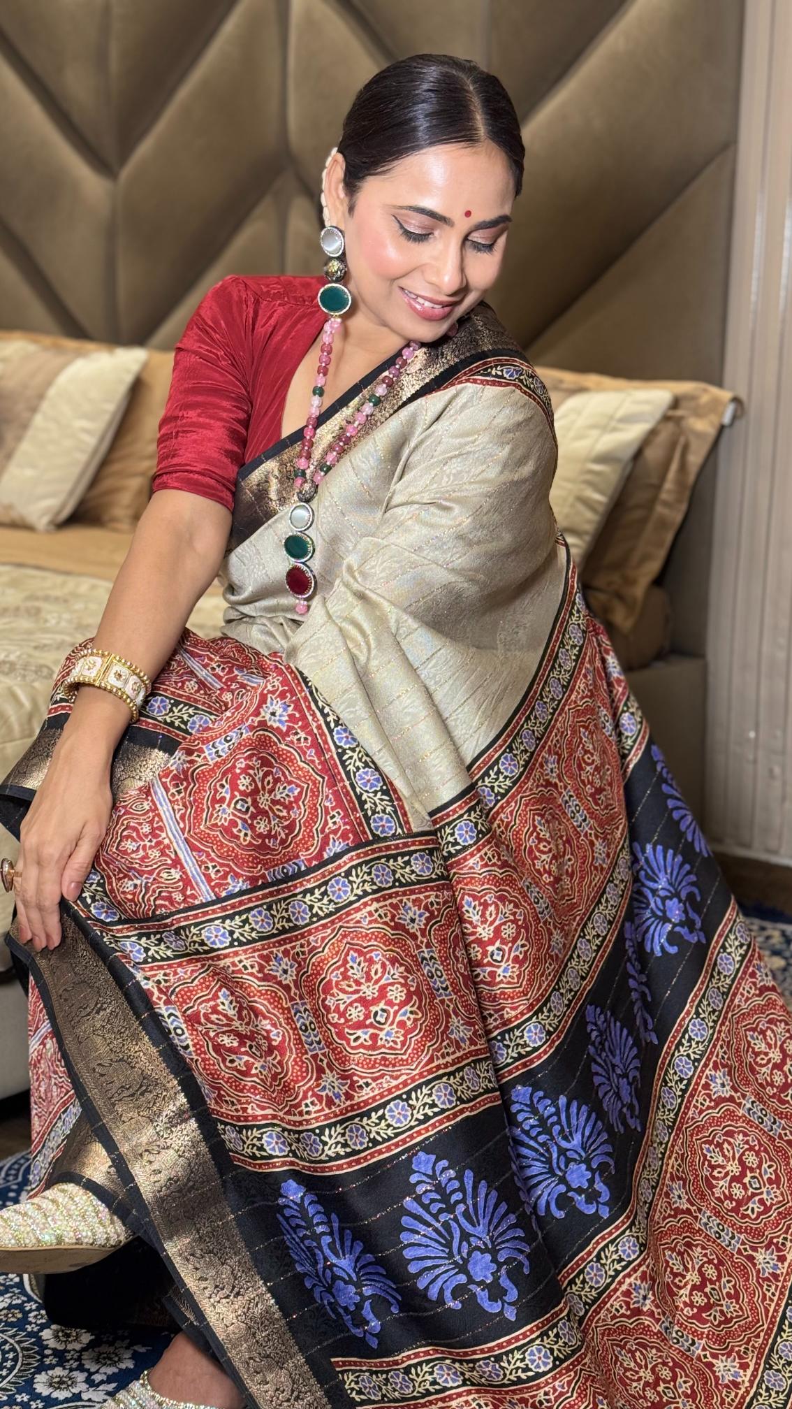 Stunning Cream And Black Ajrakh Kashmiri Modal silk Saree