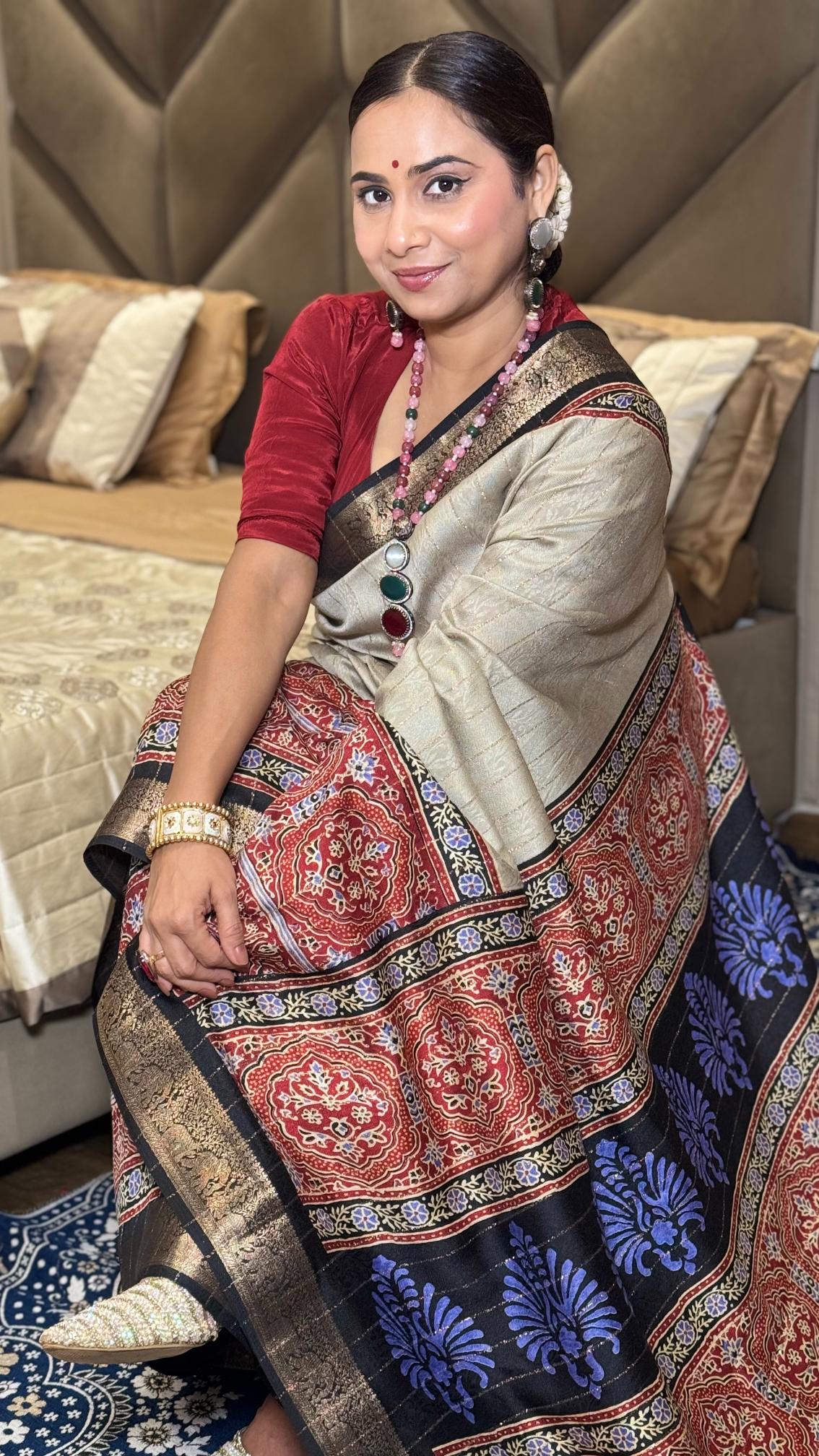 Stunning Cream And Black Ajrakh Kashmiri Modal silk Saree