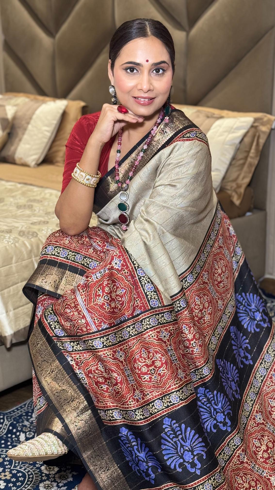 Stunning Cream And Black Ajrakh Kashmiri Modal silk Saree
