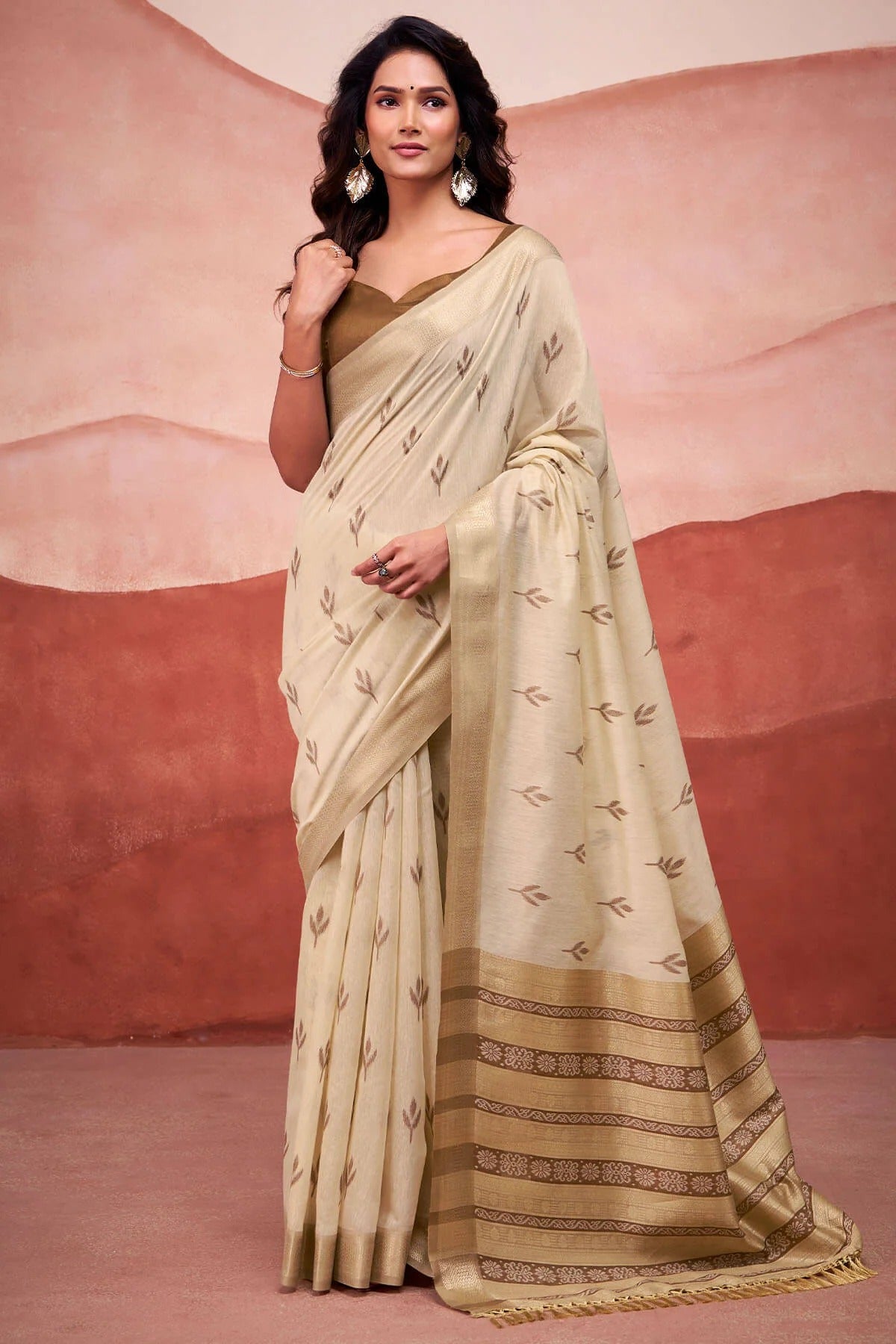 Hampton Beige Woven Design Zari Pure Cotton Saree With Blouse