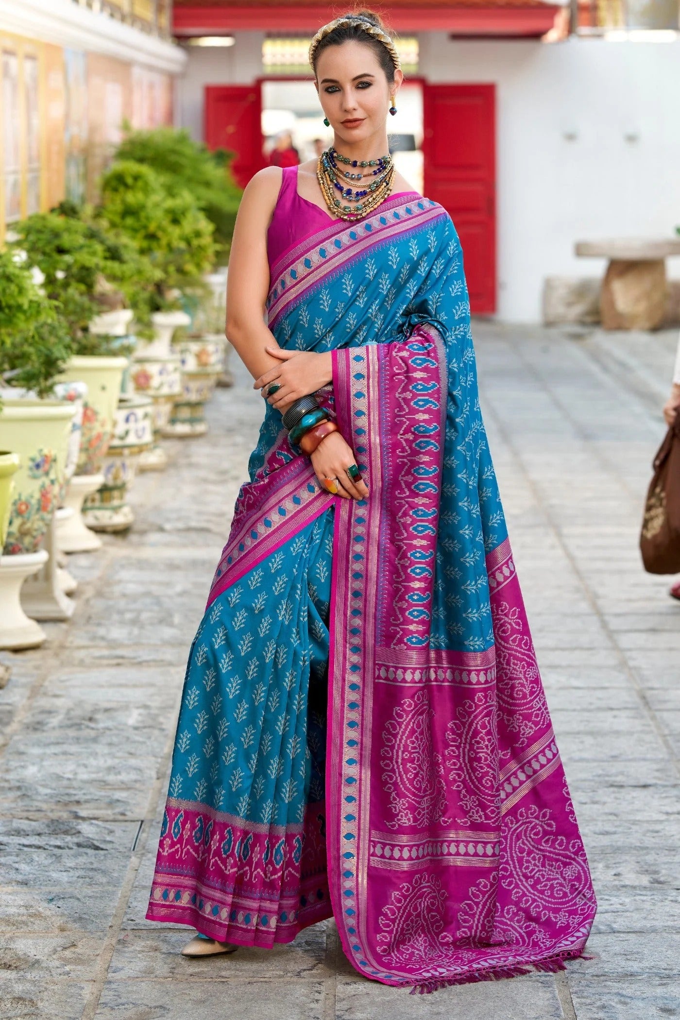 Bahama Blue Soft Woven Banarasi Ikkat Silk Saree