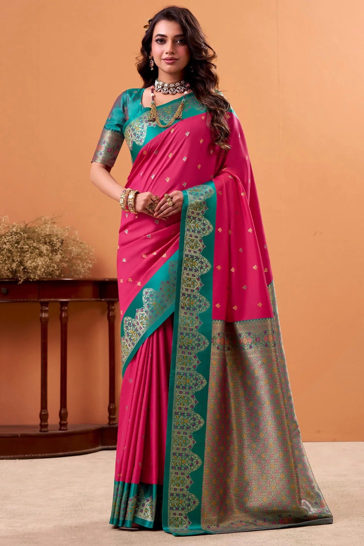 Jam Pink Woven Banarasi Satin Soft Silk Saree