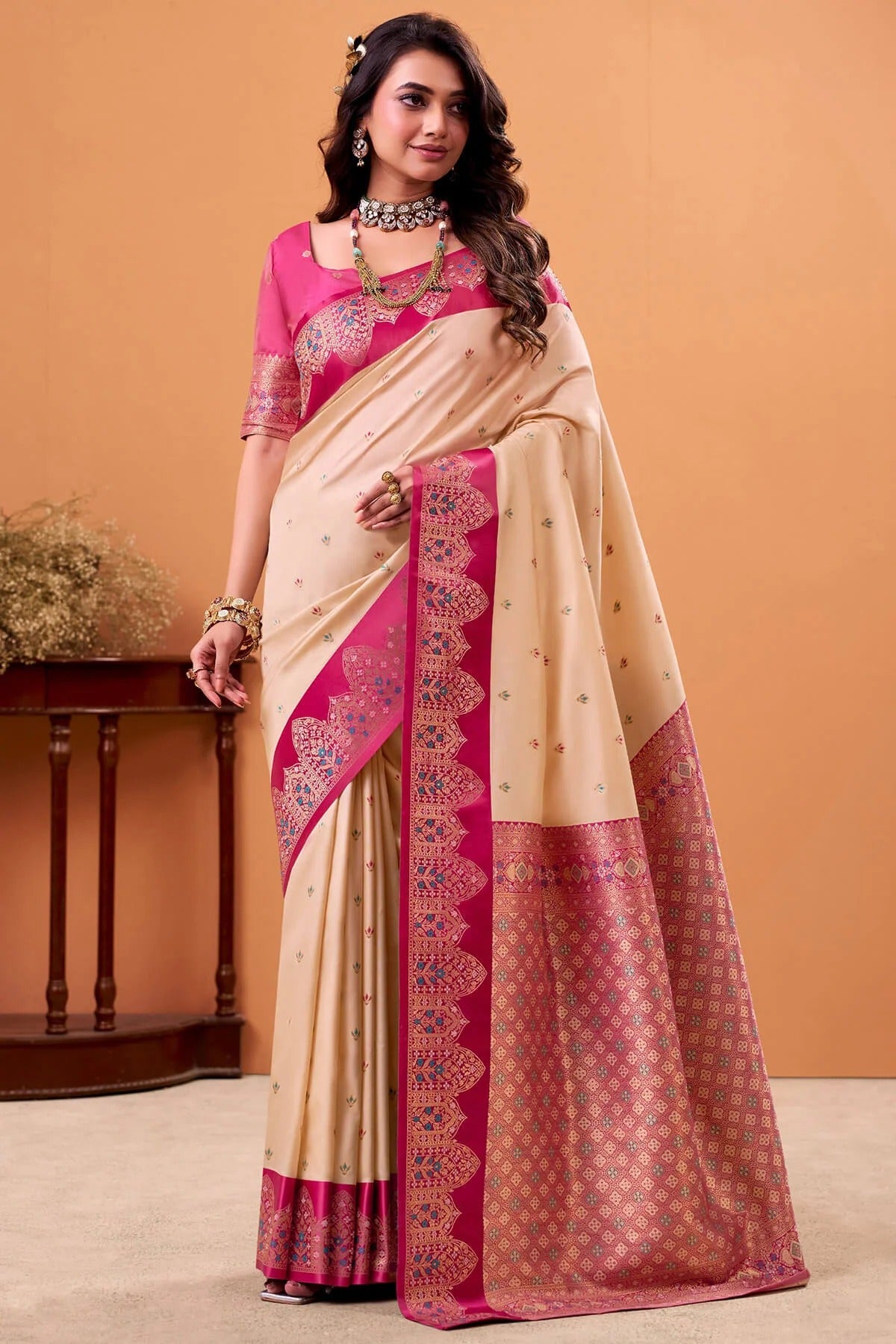 Parchment Cream Woven Banarasi Satin Soft Silk Saree
