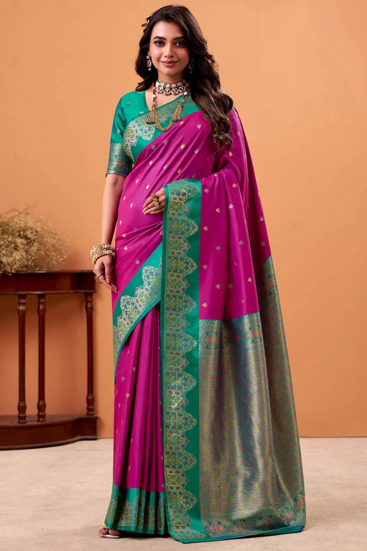 Glossy Wine Woven Banarasi Satin Soft Silk Saree