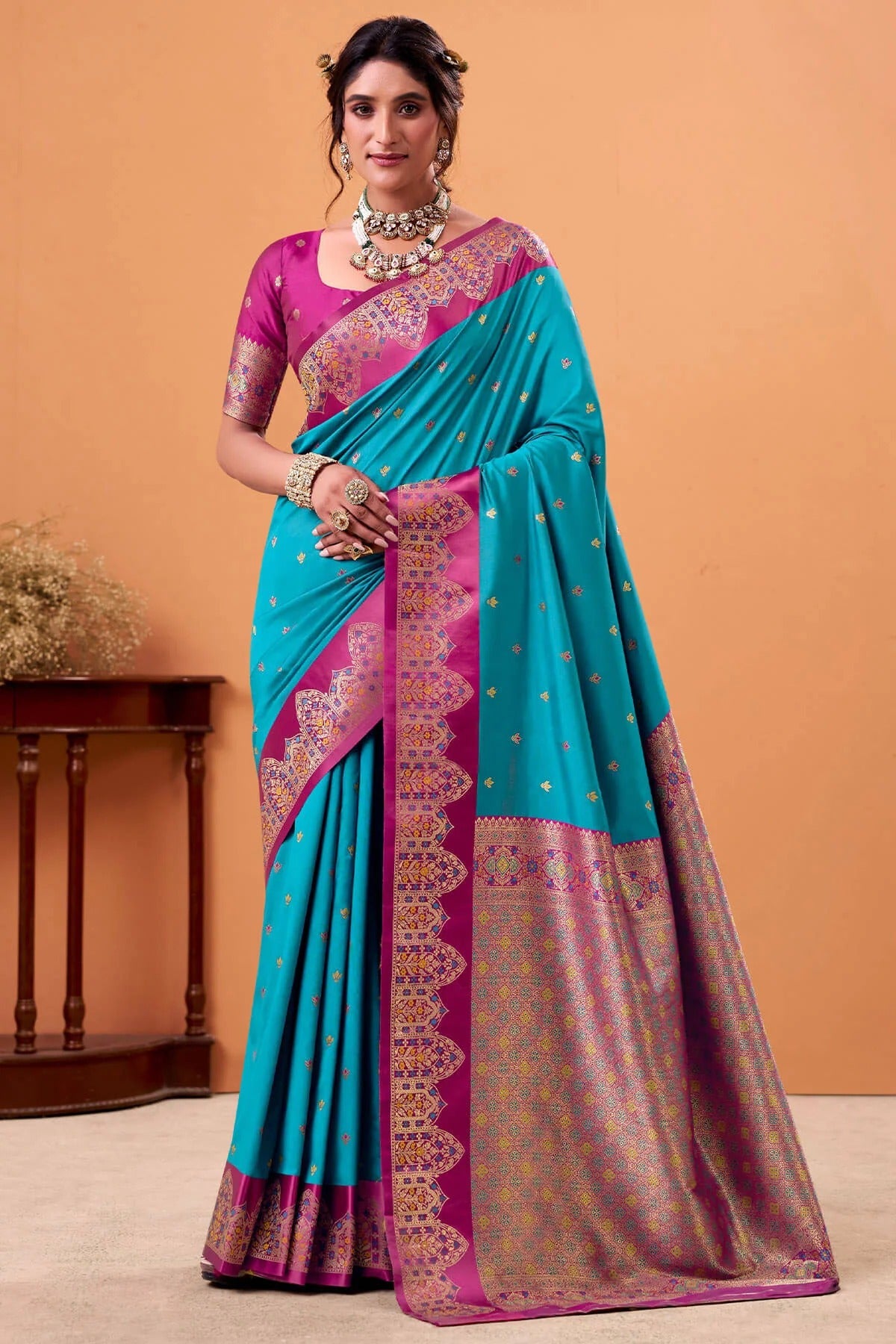 Cobalt Blue Woven Banarasi Satin Soft Silk Saree
