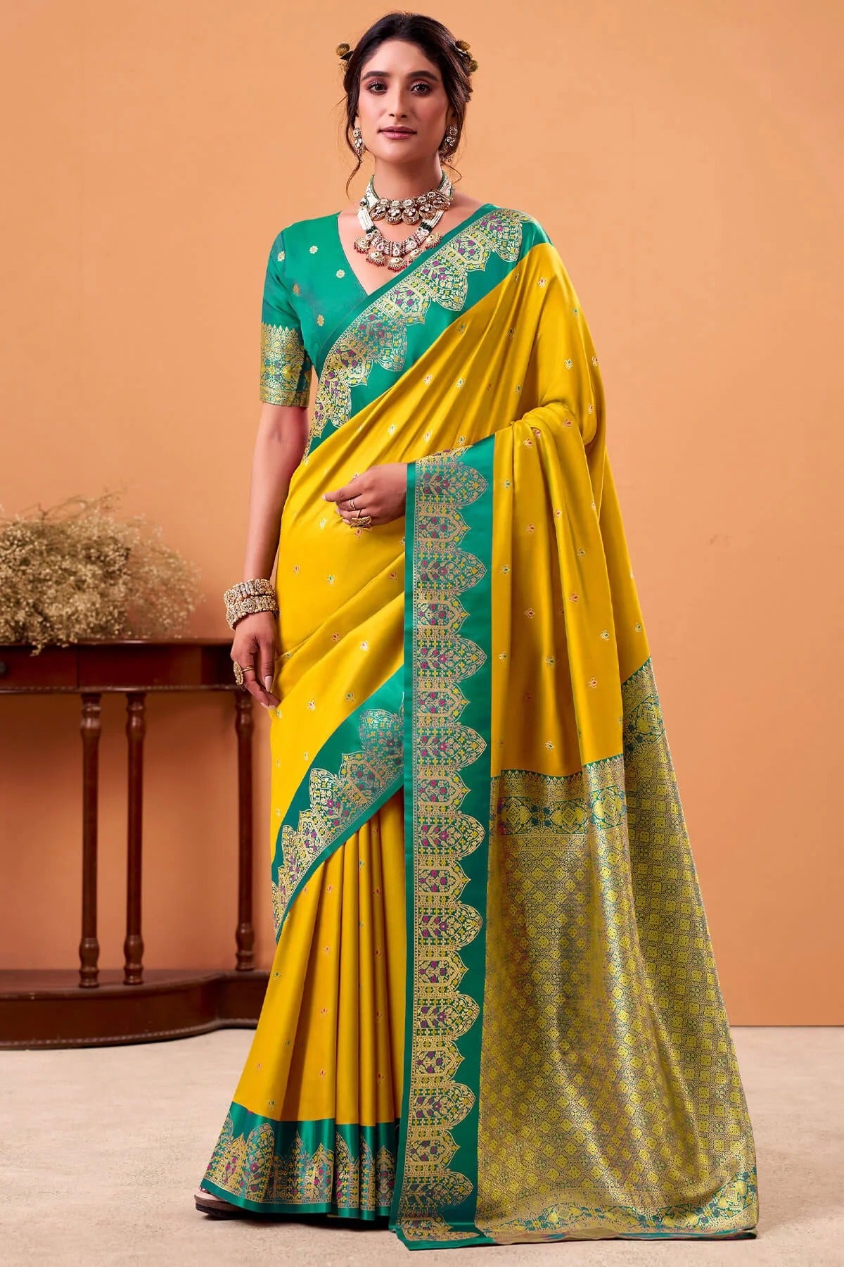 Sun Yellow Woven Banarasi Satin Soft Silk Saree