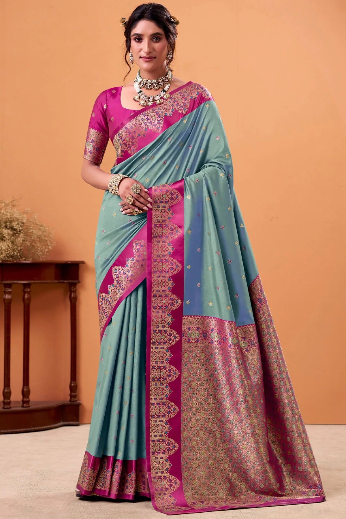 Santas Grey Woven Banarasi Satin Soft Silk Saree