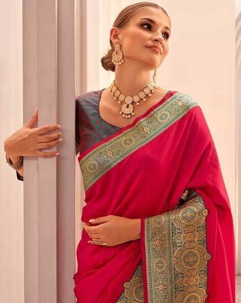Fuchsia Pink Shade Silk Woven Zari Work Broad Border Saree