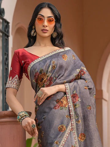 Dark Grey Pure Viscose Dola Silk Saree with Floral Print