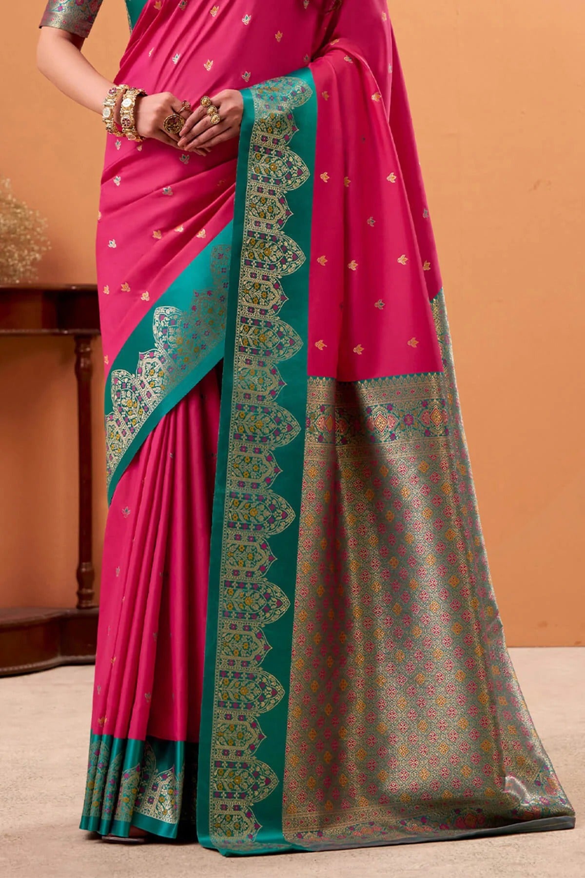Jam Pink Woven Banarasi Satin Soft Silk Saree
