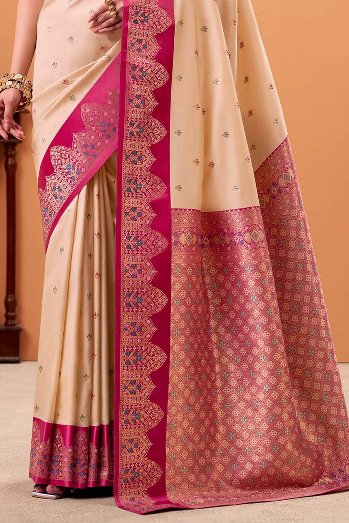 Parchment Cream Woven Banarasi Satin Soft Silk Saree