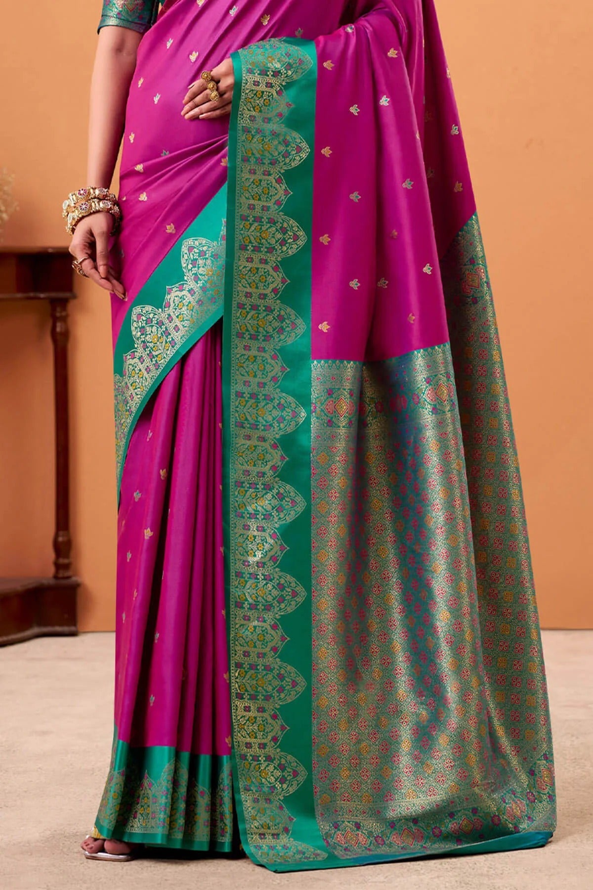 Glossy Wine Woven Banarasi Satin Soft Silk Saree