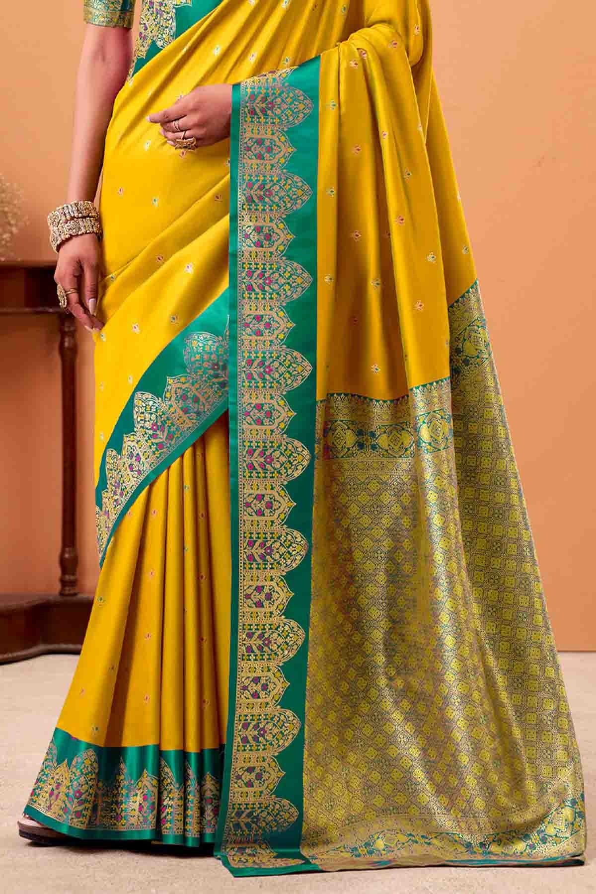 Sun Yellow Woven Banarasi Satin Soft Silk Saree