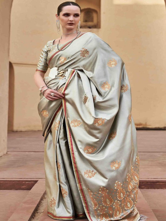 Stylish Grey Woven Satin Soft Silk Saree With Zari Weaving