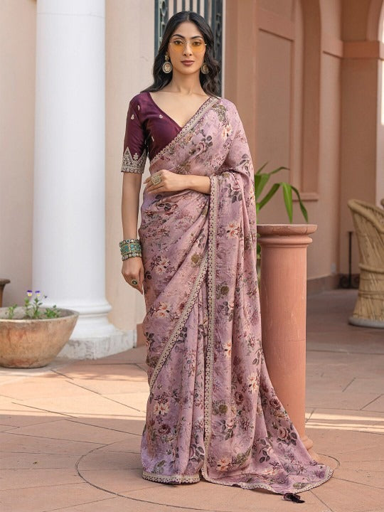 Blush Pink Pure Viscose Dola Silk Saree with Floral Print