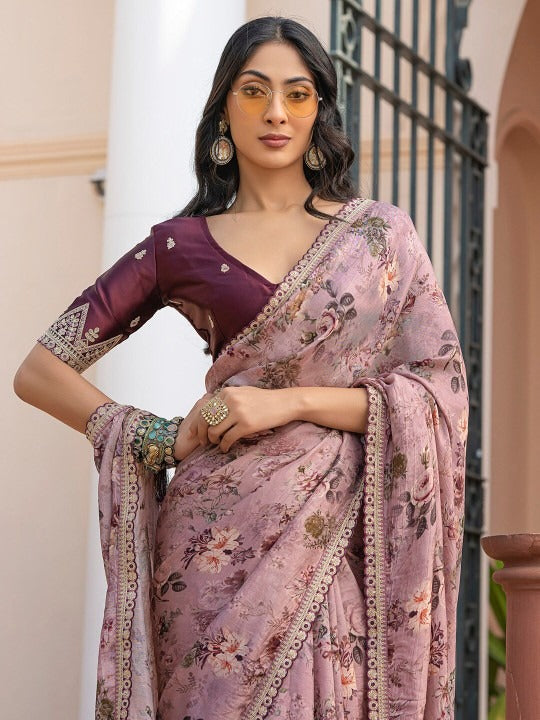Blush Pink Pure Viscose Dola Silk Saree with Floral Print