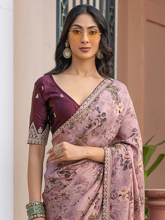 Blush Pink Pure Viscose Dola Silk Saree with Floral Print
