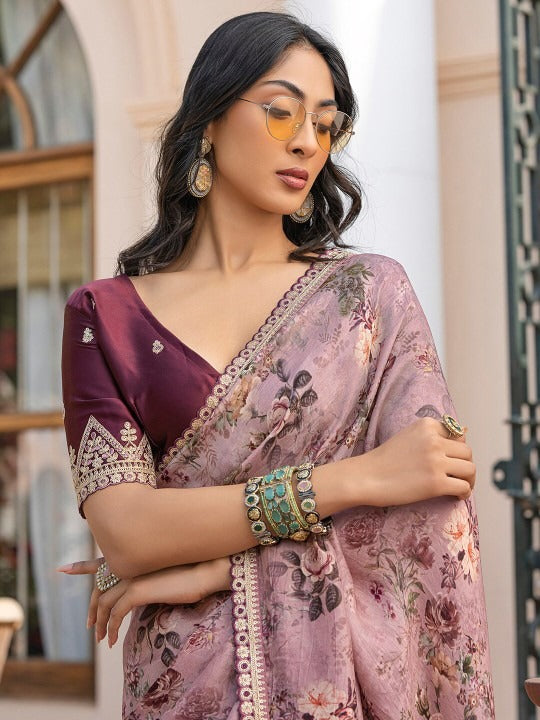 Blush Pink Pure Viscose Dola Silk Saree with Floral Print