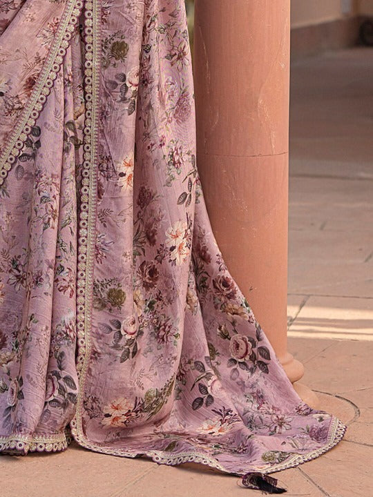 Blush Pink Pure Viscose Dola Silk Saree with Floral Print