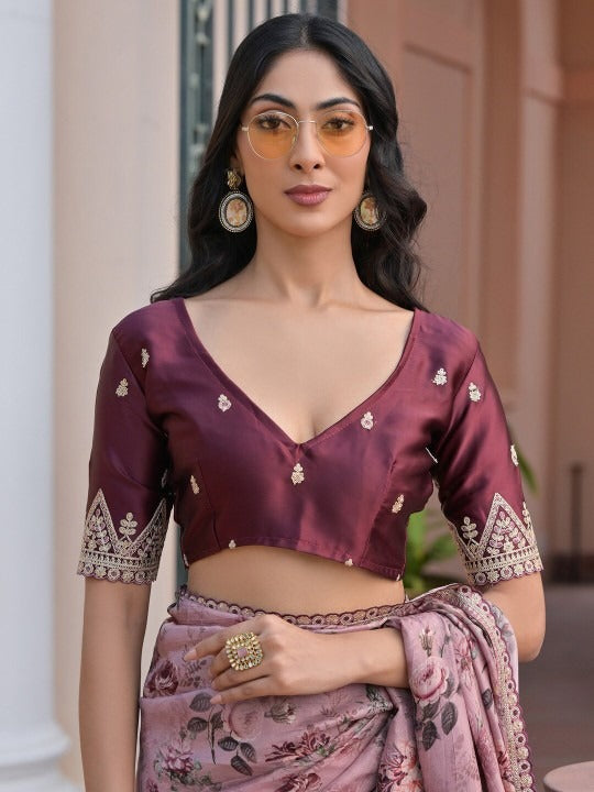 Blush Pink Pure Viscose Dola Silk Saree with Floral Print