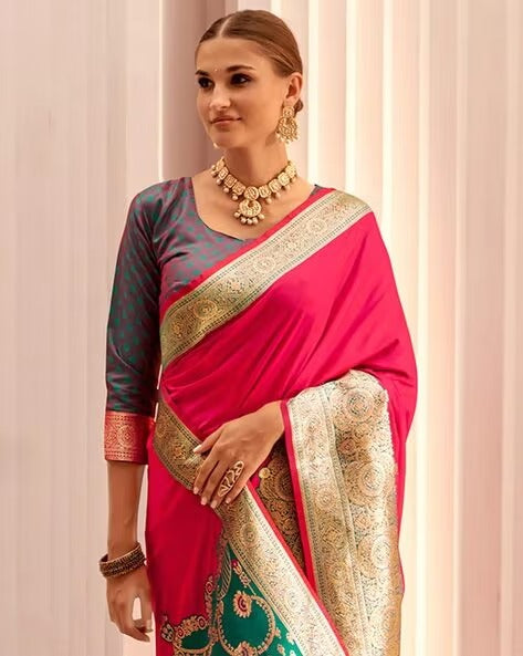 Fuchsia Pink Shade Silk Woven Zari Work Broad Border Saree