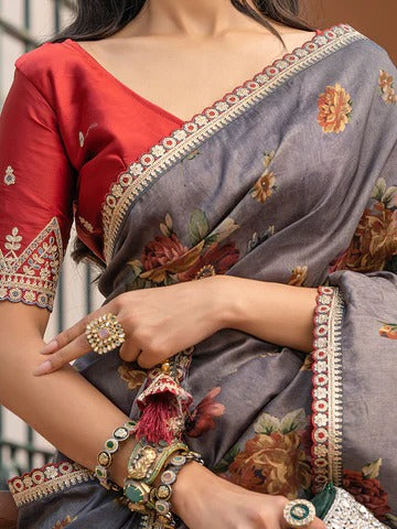 Dark Grey Pure Viscose Dola Silk Saree with Floral Print