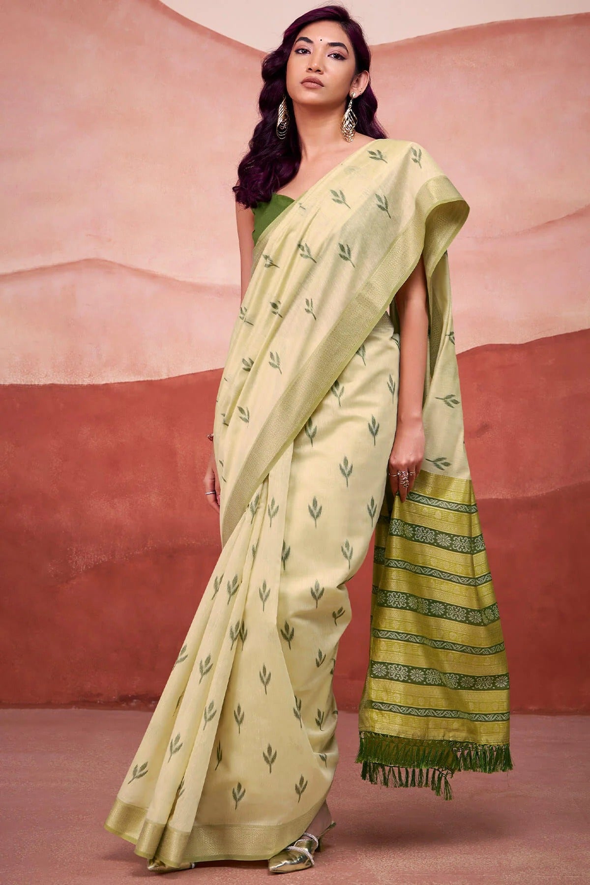 Sage Green Woven Design Zari Pure Cotton Saree With Blouse