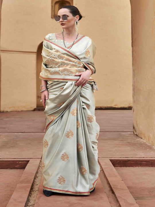 Stylish Grey Woven Satin Soft Silk Saree With Zari Weaving