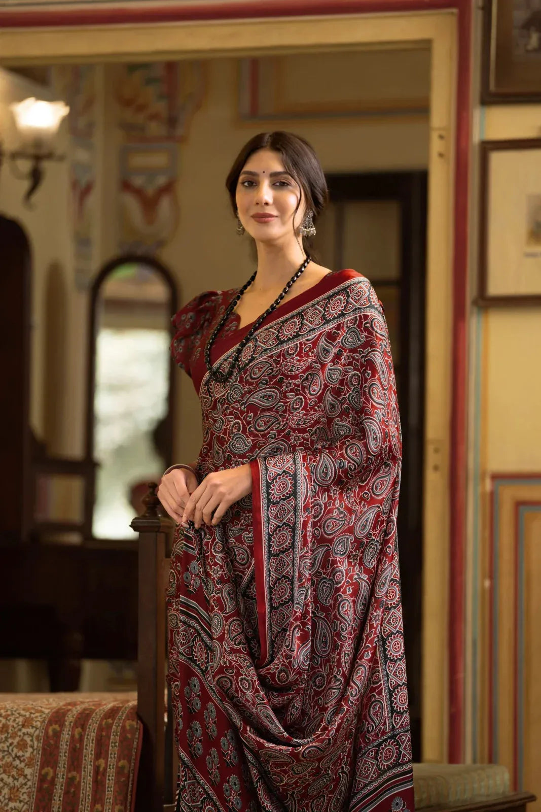 Dark Red New Ajrakh Printed Satin Crepe Saree