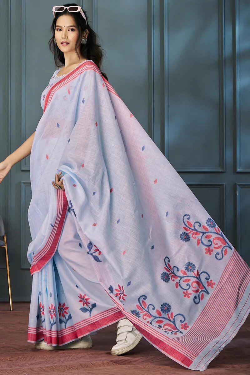 Light purple Handloom Linen Saree With Fancy Blouse
