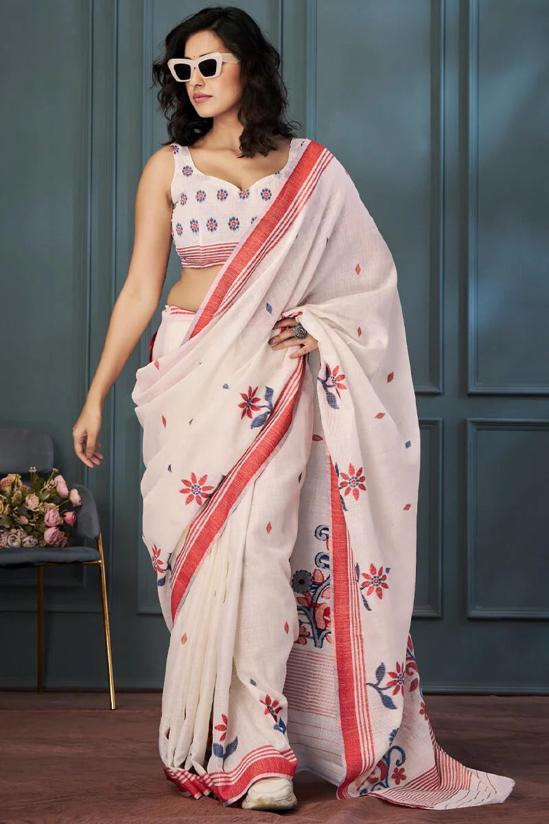 Snow White Handloom Linen Saree With Fancy Blouse